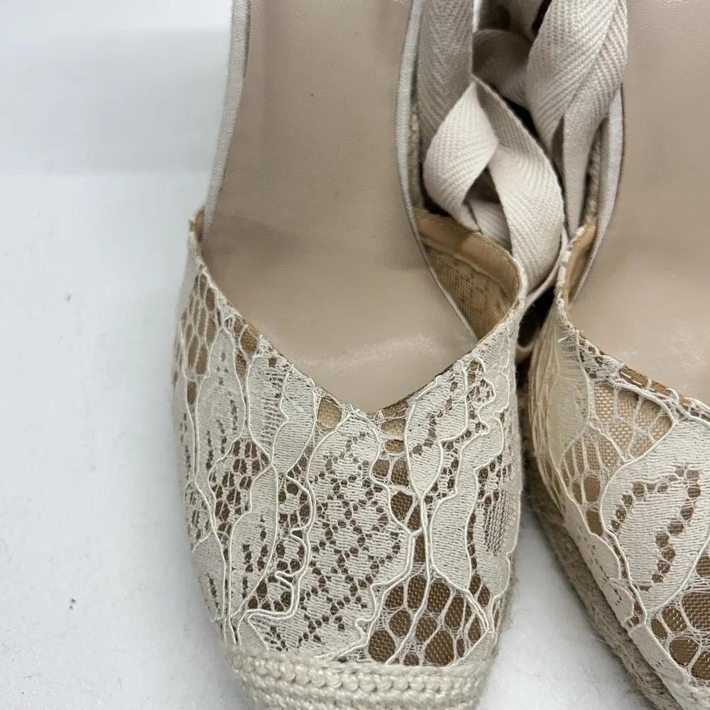 Reformation Camilla Lace Up Wedge Espadrille Cream‎ Lace Size 10.5 Boho Wedding
